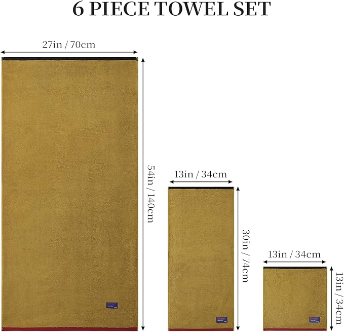 REDKISS 6 Pack Cotton Towel Set with Luxury Embellished Border, 600 GSM Ultra Soft & Highly Absorbent Bath Towels Set with 2 Bath, 2 Hand, 2 Washcloths for Bathroom, Gym, Spa, Hotel, Mustard Yellow