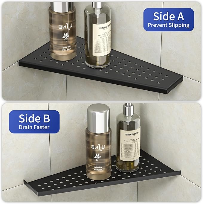 Corner Shower Shelf 2PCS, Trapezoid Bathroom Shelves 12'' for Tiled Wall, 304 Stainless Steel Grout in Shelf, No Drilling Needed (Black)