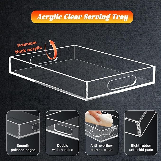 Acrylic Organizers Tray - 11.2"x7.9" with Handle for Ottoman, Coffee Table, Kitchen, Bathroom & Living Room