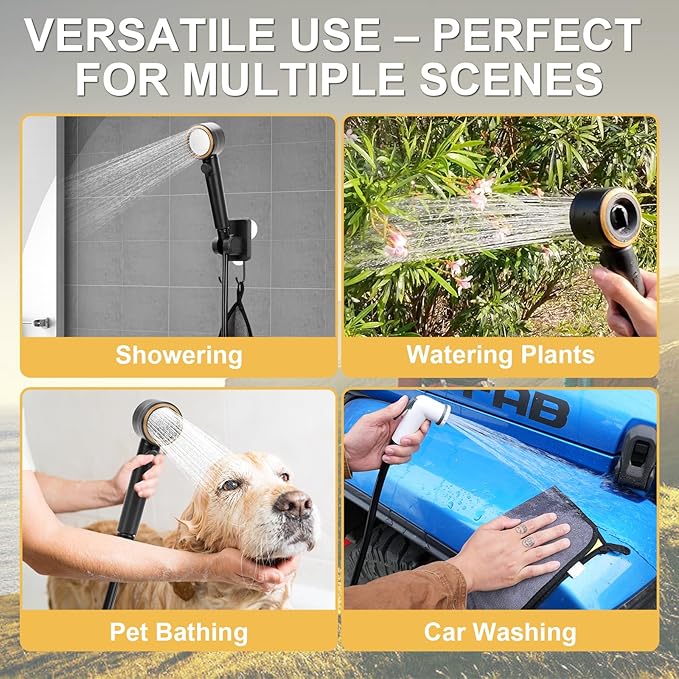 Portable Shower for Camping, Rechargeable Camping Shower Pump with LED Display & IPX8 Waterproof - High Pressure Electric Outdoor Shower for Hiking, Car Wash, Pet Bath, RV, Boat