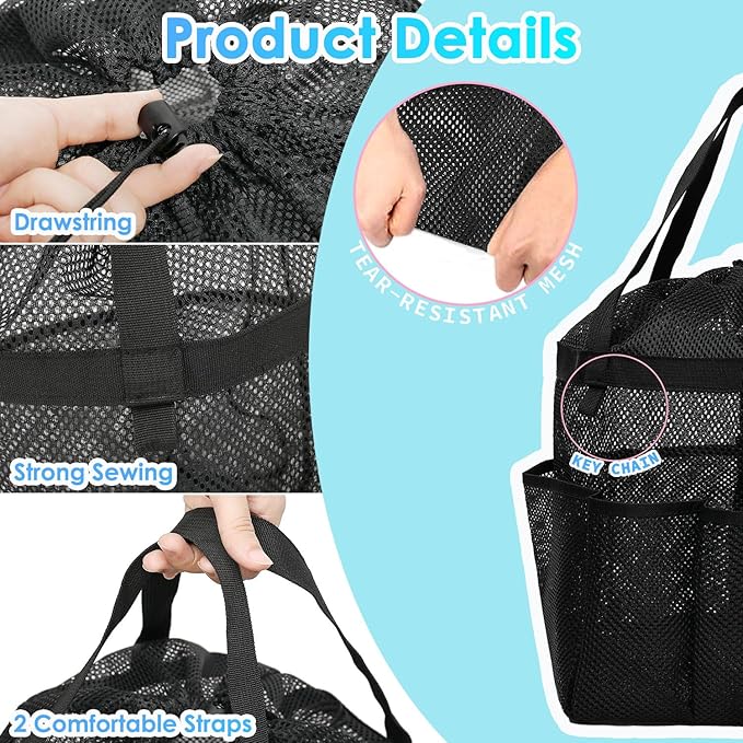 Mesh Shower Caddy Portable with Drawstring, Dorm Room Essentials for College Girls Guys, 8-Pocket Extra Large Shower Bag Basket Tote for Camping Beach Gym Travel Toiletry Bathroom