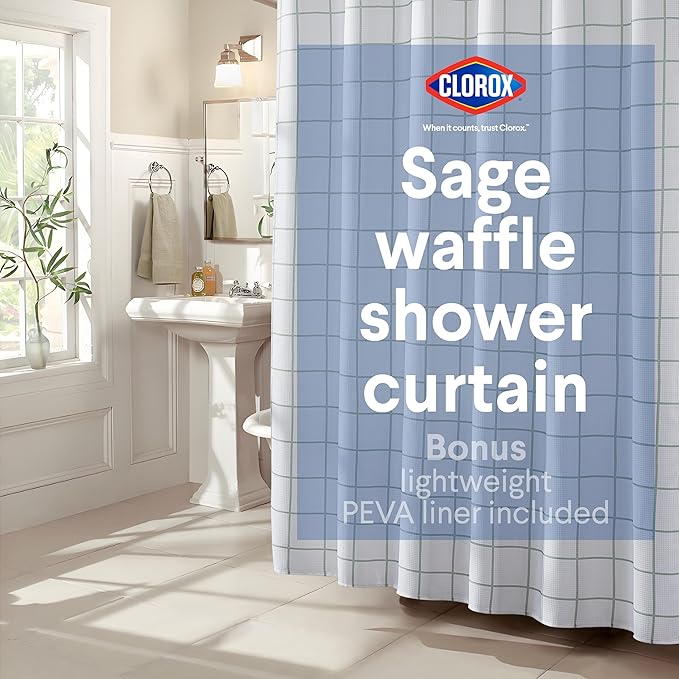 CLOROX Bathroom Waffle Windowpane Pattern Shower Curtain with Waterproof Lightweight PEVA Liner Set, Standard Size, Metal Grommets, No Hooks 72" x 72" - 2 Pc Set - Sage Green w Frosty PEVA
