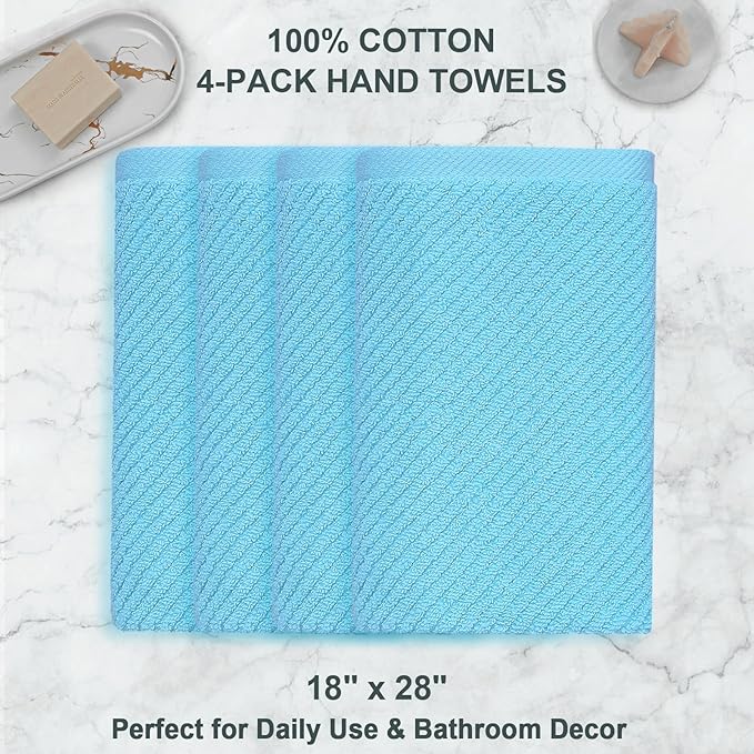 VOOVA & MOVAS Hand Towels for Bathroom Set of 4，Large 18"x 28" - 100% Cotton | Lightweight | Thick | Quick Dry | Soft | Absorbent, Bath Hand Towels, Bathroom Essentials, Blue