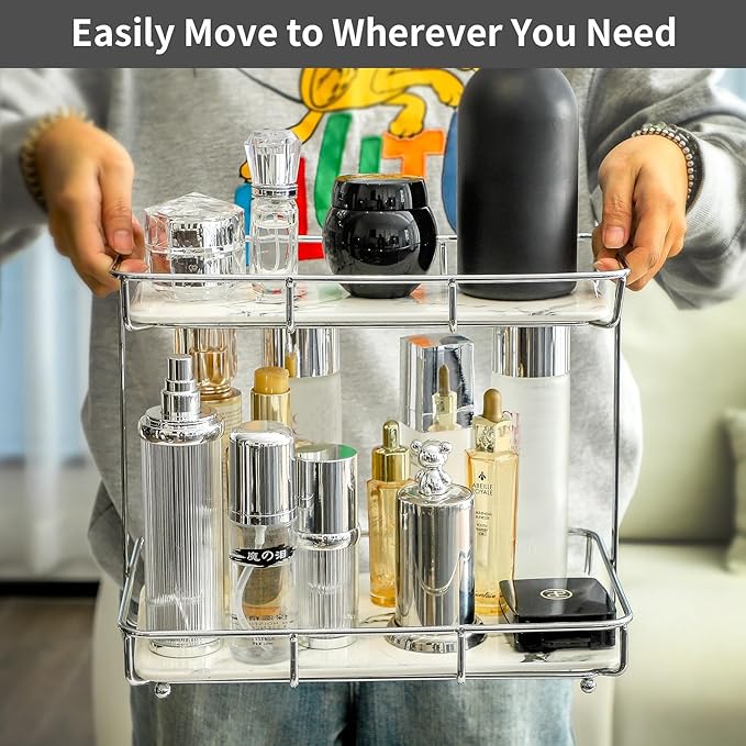 Bathroom Organizer Countertop Perfume Organizer Makeup Organizer Cosmetics Storage Display Rack Vanity Tray Dresser Stainless Steel Gold Shelf White Marble Ceramic Tray (2 Tier L-Sliver)