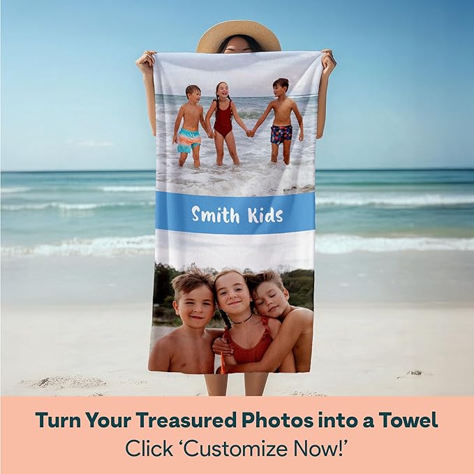 Winslow & Brody Ships Next Day - Personalized Beach Towel for Kids & Adults - Printed in USA - Custom Towels with Picture and Text - Quick Dry Pool Towels - Cotton/Poly Blend - 30" x 60" - 2 Photos