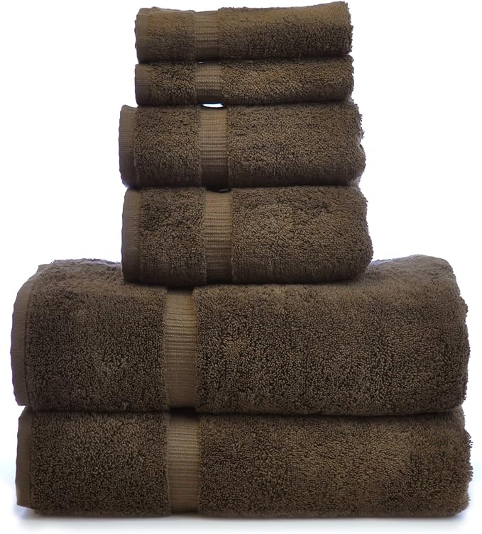 Luxury Hotel & Spa Quality, Quick Dry 100% Turkish Cotton, 700 GSM, Eco Friendly Towel, Bathroom and Kitchen Dobby Border Towels, 2-Bath Towel, 2-Hand Towel, 2-Washcloth (Bundle Set of 6, Cocoa)