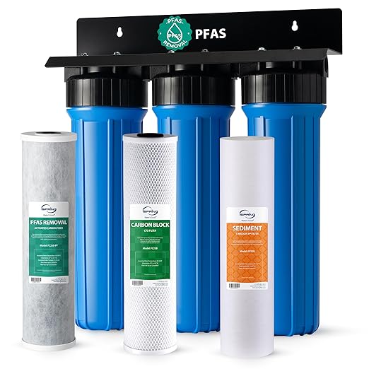iSpring PFAS Whole House Water Filter System, SGS-Tested to Remove up to 99% PFOA & PFOS, 3-Stage Filtration Reduces Sediment, Chlorine, Taste & Odor, 20-Inch Filters, 1" Inlet/Outlet Model: WGB32B-PF