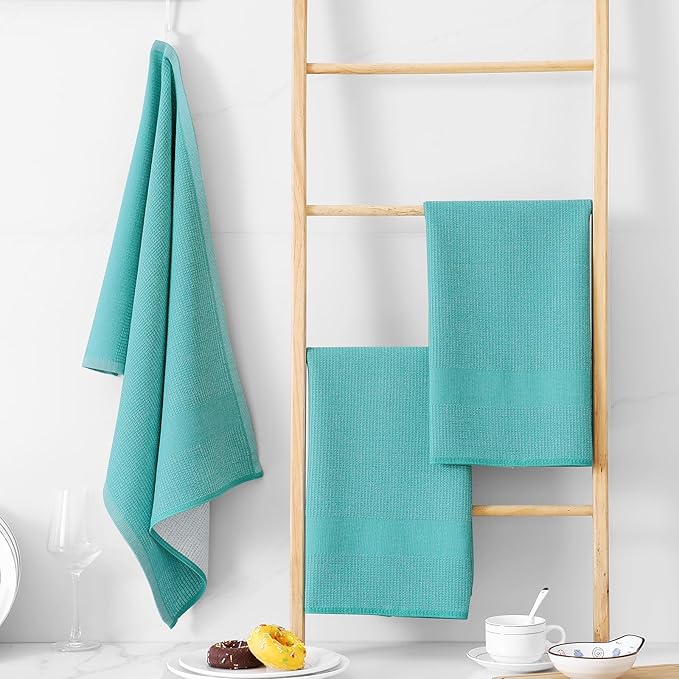 Homaxy Premium Kitchen Towels(18”x 28”, 12 Pack), Large Cotton Kitchen Hand Towels, Flat and Terry Dish Towels, 380 GSM Highly Absorbent Tea Towel Set with Hanging Loop, Teal