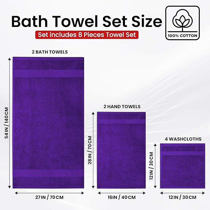 Infinitee Xclusives Luxury 100% Cotton Towel Set – 8 Piece Bathroom Towel Set (2 Bath Towels, 2 Hand Towels, 4 Washcloths) – Soft & Absorbent Towels for Bathroom (Profound Purple)