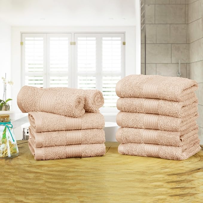 Ample Decor Wash Cloths Pack of 10, Oeko Tex Certified 600 GSM 100% Cotton Soft Absorbent, Premium Quality Durable Machine Washable, Ideal for Bathroom, Pool, Hotel, Spa – Beige