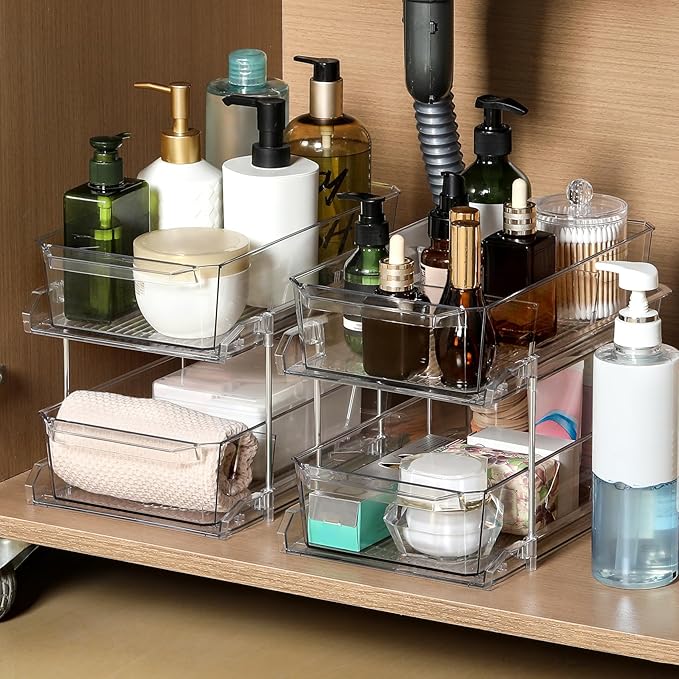 2 Tier Clear Organizer with Dividers for Cabinet, Shlef, Counter - MultiUse Slide-Out Storage Container - Kitchen, Pantry, Medicine Cupboard Bins, Bathroom, Vanity Makeup, Under Sink Organizing