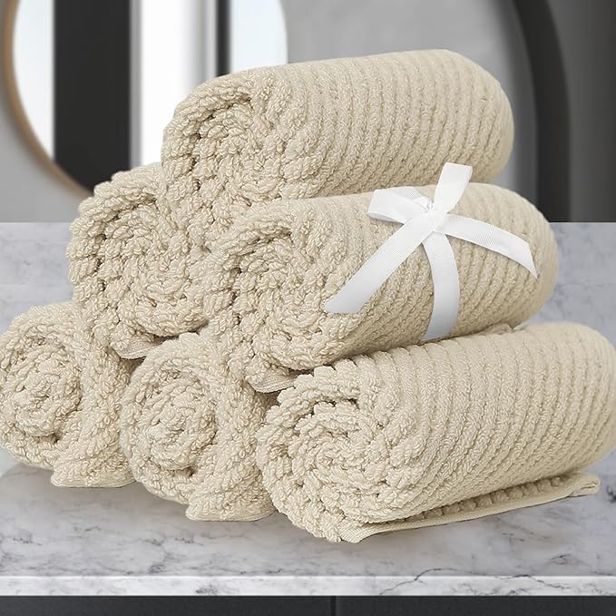 Cotton Washcloths - 6PC 13"x13" | Quick Dry | Soft | Light Weight | Absorbent | Hotel Quality, Luxury Wash Cloths for Body, Hand Towels for Bathroom & Showering, Towel Gift Set, Beige | Tan