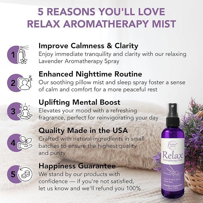 Relax Lavender Spray for Sleep, Natural Linen Spray for Bedding, Perfect Lavender Pillow Spray for Sleep. Aromatherapy Bed Spray with Lavender & Peppermint Essential Oils by Brookethorne Naturals 4oz