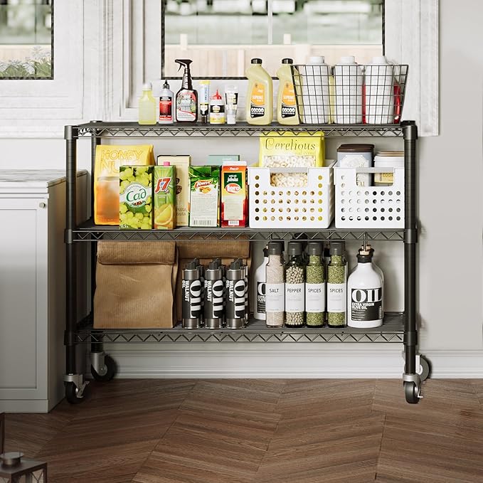3-Tier Wire Shelving Unit with Wheels, 36.9" W x 18.6" D Heavy Duty Metal Storage Rack, Adjustable Shelves, Locking Casters, 350 lb Per Shelf (1050 lb Total) for Garage, Pantry, Kitchen