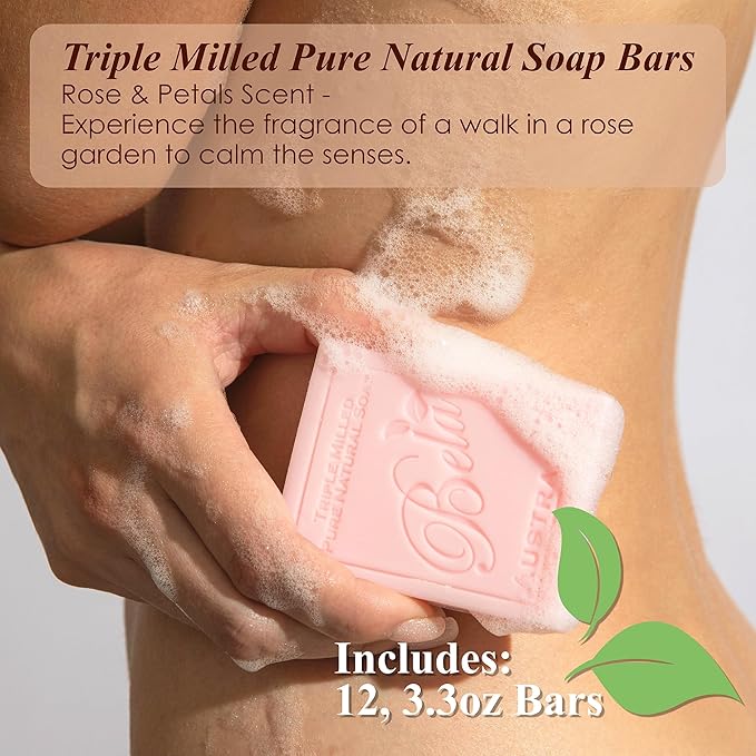 BELA Rose Soap 3.3 OZ Pack of 12, French Triple Milled Bar Soap Rose and Petals with Organic Shea Butter, Hand, Face and Body Wash Bar Made in Australia