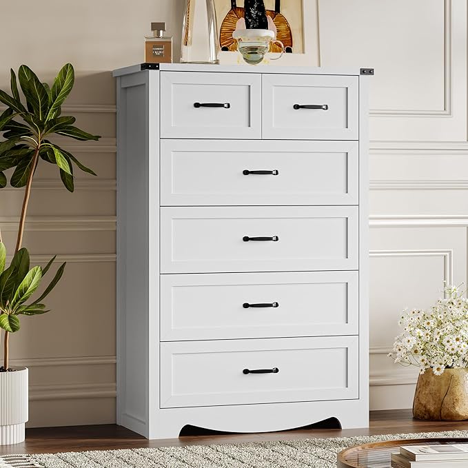 Tall 6-Drawer Dresser for Bedroom, Modern Wooden Chest of Drawers with Metal Handles, Anti-Tipping Design, Sturdy and Stable Storage Organizer for Living Room, Entryway, Home Office, Standard
