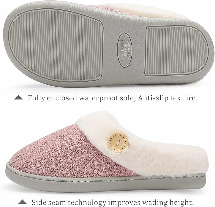 Chantomoo Womens Slipper Warm Comfy Memory Foam House Slippers Knitted Shoes Faux Fur Lined Anti-Skid Rubber Sole Bedroom Cozy Indoor Outdoor Slippers