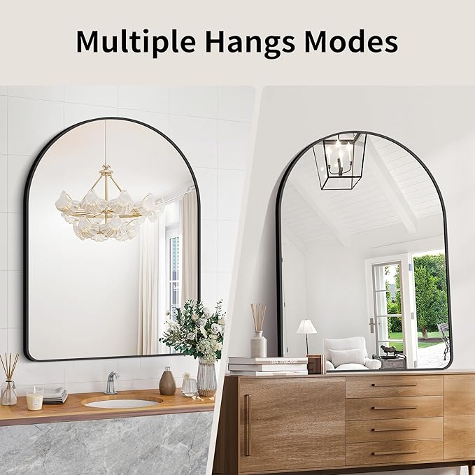 GLASHOM 30"x40" Black Arched Mirrors for Bathroom, Wall Mounted Mirror, Aluminum Alloy Brushed Framed Wall Mirror, Anti-Rust, Large Mirror for Over Sink, Bedroom, Entryway (Vertical)