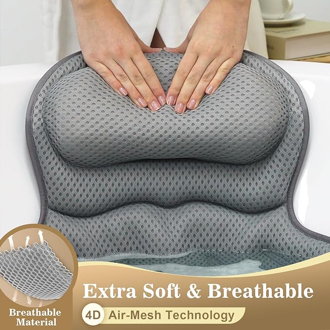 Bath Pillow Luxury Bathtub Pillow, Extra Soft & Comfortable Bath Pillow for Tub Head Neck and Back Support, with 4D Air Mesh Cushions & Non-Slip Suction Cups - Great Bath Gifts (Gray)