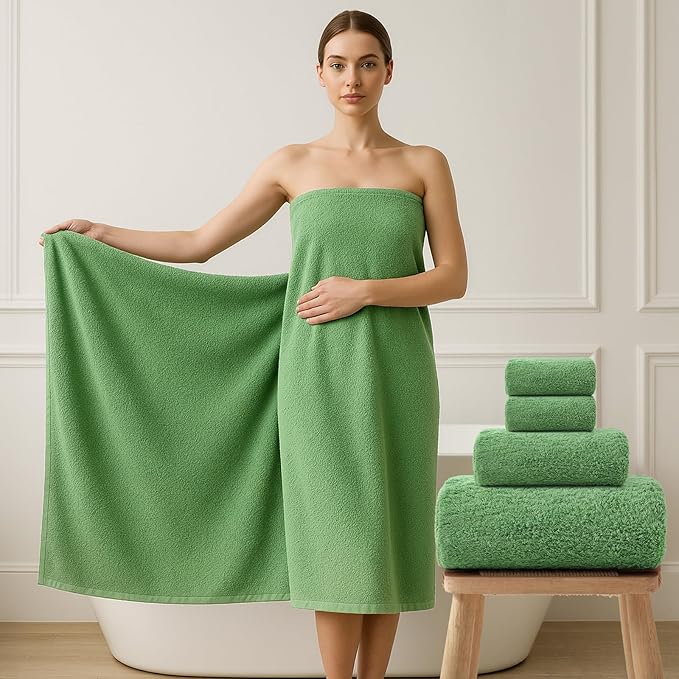 REDKISS Ultra-Plush Bath Towel Set, 900GSM Premium Thick Cotton for Bathroom & Spa, Super Absorbent Quick-Dry Bath Sheets with No Shedding (4-Piece Set for Adults, Luxury Hotel & Home Use)-Grass Green