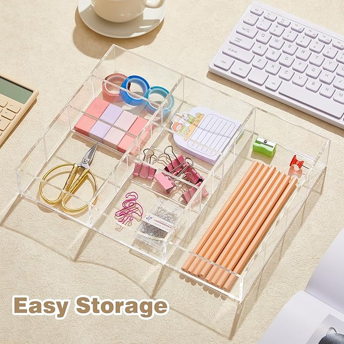 Acrylic Drawer Organizer Clear Desk Drawer Organizer Trays with Adjustable Compartments Desk Accessories for Office Stationery Makeup Silverware Bathroom (Non Expandable)