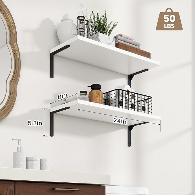 Fun Memories Deep Floating Shelves, 24W x 8D Floating Shelves Set of 2, Wall Mounted Shelf with Metal Brackets, Rustic Wood Wall Shelf for Bathroom, Kitchen and Living Room, White