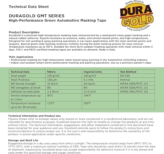 Dura-Gold Green Automotive Masking Tape 1/2 Inch (12mm x 55 Yards), Case of 72 Rolls - Premium High-Performance, Heat Resistant - Auto Refinish Painting, Car Detailing, Autobody Repair, Painters Tape