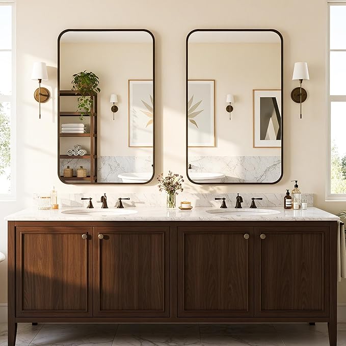 Antok 2-Pack Bathroom Mirrors, 22"x30" Double Wall Mirrors, Decorative Mirror Vanity Mirror Aluminum Alloy Frame Contemporary Hanging for Living Room Bathroom Entryway, Black