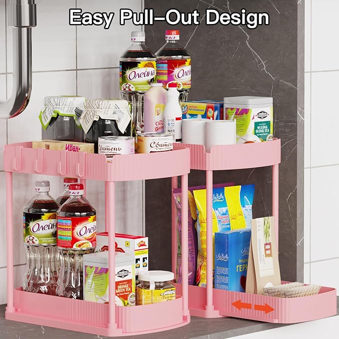 2 Pack Multi-Purpose Pull-Out Storage Organizers, Under Sink Organizers and Storage for Bathroom & Kitchen, Under Cabinet Organizers and storage, 14.8 Inch, Pink