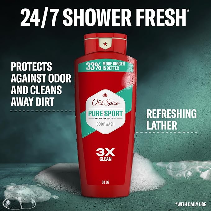 Old Spice Refreshing Body Wash for Men, High Endurance, 3X Defense, 24/7 Shower Fresh with Long Lasting Scent, Pure Sport Scent, 24 oz (Pack of 4)