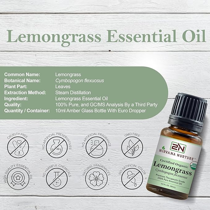 Lemongrass Essential Oil USDA Certified Organic 100% Pure Premium Therapeutic Grade, Undiluted - Aromatherapy Diffuser for Calm and Relaxation, Skin Care, Hair Care