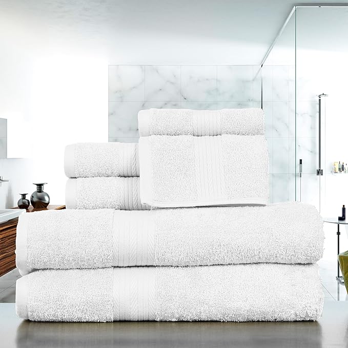 Ample Decor Bathroom Towel Set of 6-2 Hand Towel, 2 Bath Towel, 2 Wash Cloths - 600 GSM 100% Cotton - Christmas White