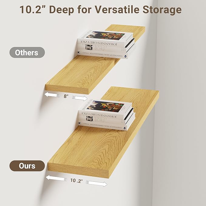 Vivelove 10" Deep Floating Shelves with Invisible Brackets, 30" Wall Shelves for Bathroom Bedroom Kitchen Living Room Laundry Room, Modern Rustic Shelves for Home Decor, 30"x10.2"x1.5", Set of 2, Oak