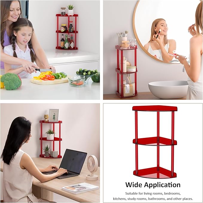 3 Tier Countertop Corner Organizer Shelf 7x7x15.7 Inch, Red Countertop Acrylic Bathroom Corner Shelf, Vanity Storage Organizer for Cosmetics, Toiletries