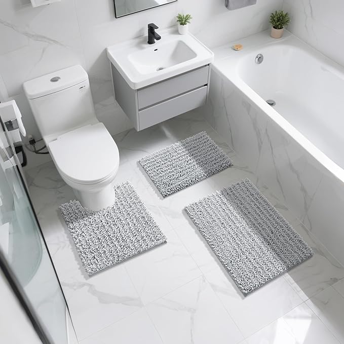 Yimobra Bathroom Rugs Non Slip Washable 32x20 Inch - Ultra Soft Absorbent Chenille Bath Mat, Quick Dry Shaggy Floor Carpet for Tub Shower, Silver Home Decor Accessories