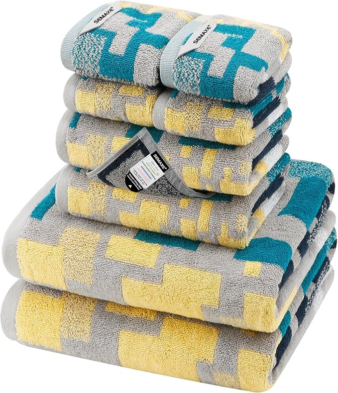 SEMAXE Bath Towel Set of 8 Include 2 Bath Towels 2 Hand Towels 4 Washcloths, 100% Cotton Bathroom Towels with Hanging Loops and Nano-Bio Lifecycle Labels, Colorful Towel - Checkered Collection