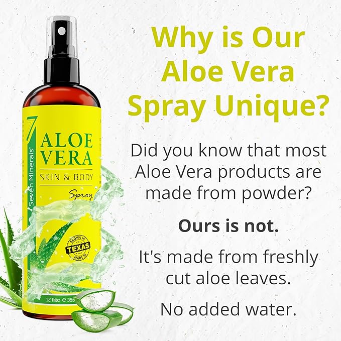 Seven Minerals, Organic Aloe Vera Spray for Body & Hair - From Freshly Cut Aloe Plant, Extra Strong, Easy to Apply, No Thickeners So It Absorbs Rapidly, No Sticky Residue - Made in USA (Big 12 fl oz)