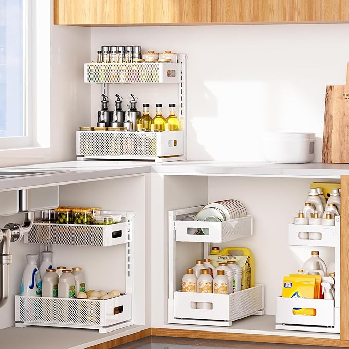 Under Sink Organizer 2 Tier, Adjustable Height Under Sink Organizers and Storage, Smooth & Silent Sliding Out Metal Drawer for Kitchen Bathroom Pantry Cabinet Closet (White, 1 Pack)