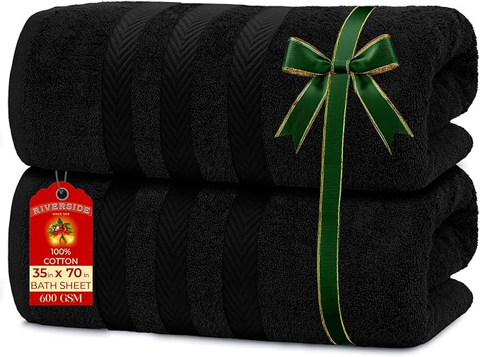 RIVERSIDE Pack of 2 Extra Large Bath Sheets 35 x 70 Inches - 100% Ring Spun Cotton Hotel Quality Oversized Bath Towels - Super Soft, Highly Absorbent & Quicker to Dry - Black