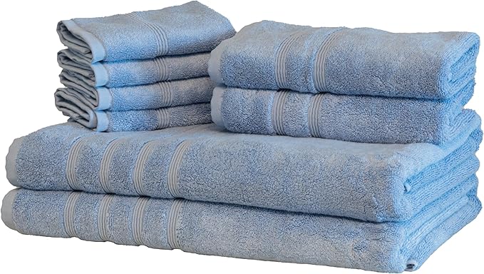 Mosobam Luxury Turkish 8pc XL Towel Set 35X70 16X30 13X13 Allure Blue 700 GSM Bamboo Viscose & Aegean Turkish Combed Cotton