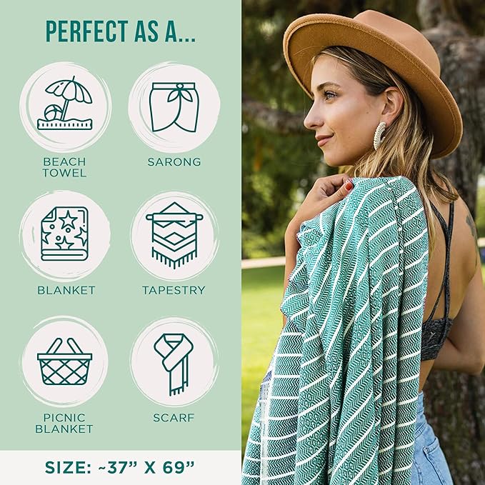 Sand Cloud Large Turkish Beach Towel - Sand Free - Fast Drying -100% Certified Organic Turkish Cotton Yarn - Great for Beach Bath or as a Blanket - As Seen on Shark Tank - Gocek (Mint) 37x69