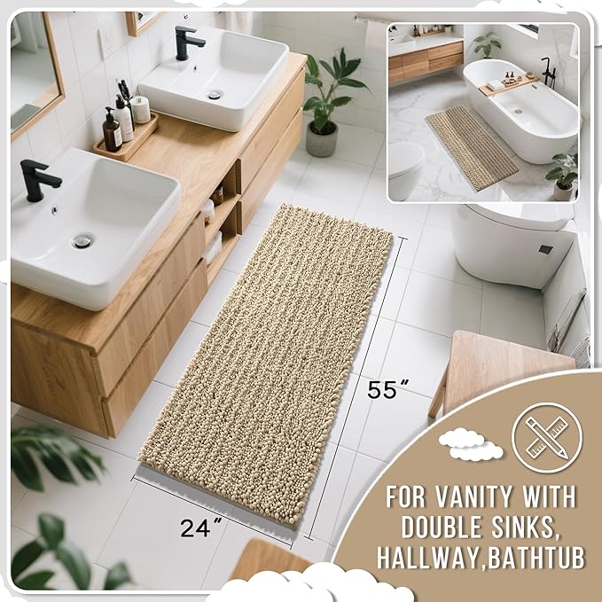 Yimobra Bathroom Runner Rug 55x24 Inch - Extra Long Non Slip Chenille Bath Mat, Soft & Absorbent, Machine Washable Shaggy Hallway Carpet for Vanity Tub Shower, Camel Home Decor Accessories