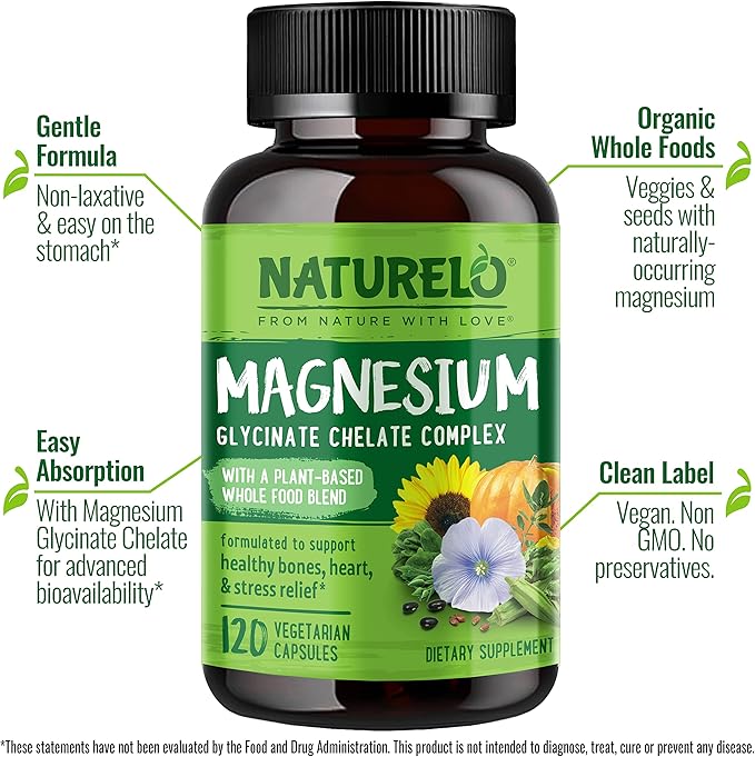 NATURELO Magnesium Glycinate Chelate Complex - 200 mg Magnesium with Organic Vegetables to Support Sleep, Calm, Muscle Cramp & Stress Relief - Gluten Free, Non GMO - 120 Capsules