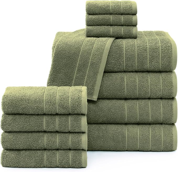Casa Platino 100% Cotton Premium Bathroom Towel Set - 12 Pieces - Ring Spun, Quick Dry, Super Soft & Highly Absorbent - 4 Bath Towels, 8 Washcloths, 6 Hand Towels for Bathroom - Pre Shrunk - Oil Green