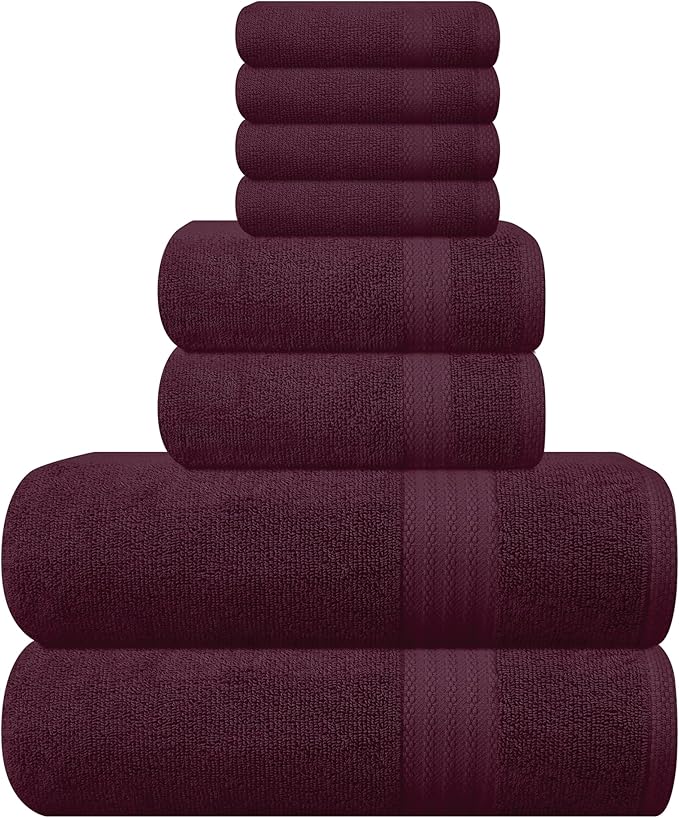 GLAMBURG Ultra Soft 8-Piece Towel Set - 100% Pure Ringspun Cotton, Contains 2 Oversized Bath Towels 27x54, 2 Hand Towels 16x28, 4 Wash Cloths 13x13 - Ideal for Everyday use, Hotel & Spa - Burgundy