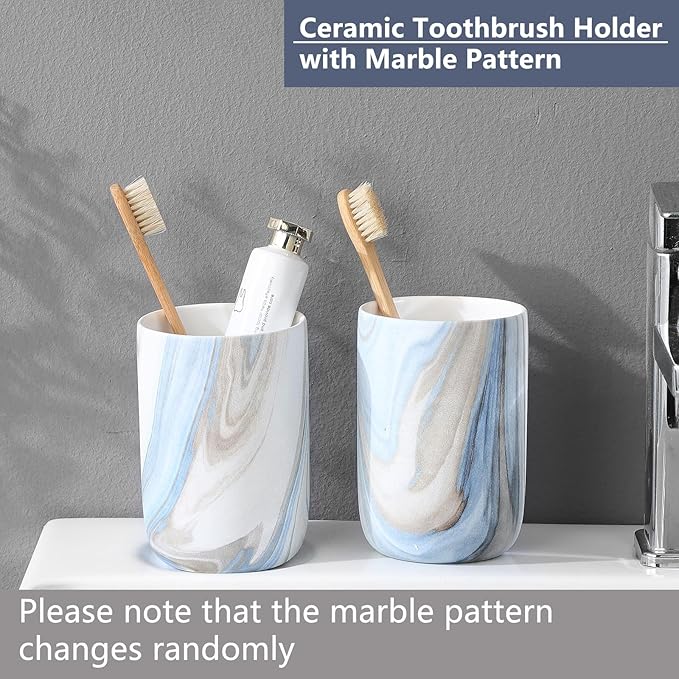 Blue Marble Toothbrush Holders - Ceramic Toothbrush Holders for Bathrooms, Toothbrush Toothpaste Holders, Marble Bathroom Tumbler Cups Reusable Toothbrush Mouthwash Cup, Bathroom Counter Organizer
