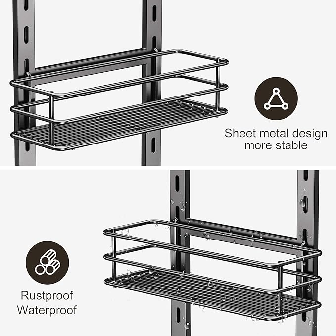 Orimade 4 Tier Adjustable Anti-slip Shower Caddy over Shower Head,Rustproof Bathroom Hanging shower Organizer with 4 Hooks for Razor,No Drilling Shower shelves Storage Rack,Grey