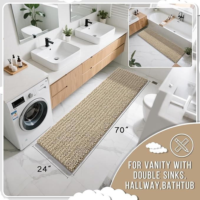 Yimobra Bathroom Runner Rug 70x24 Inch - Extra Long Non Slip Chenille Bath Mat, Soft & Absorbent, Machine Washable Shaggy Hallway Carpet for Vanity Tub Shower, Camel Home Decor Accessories