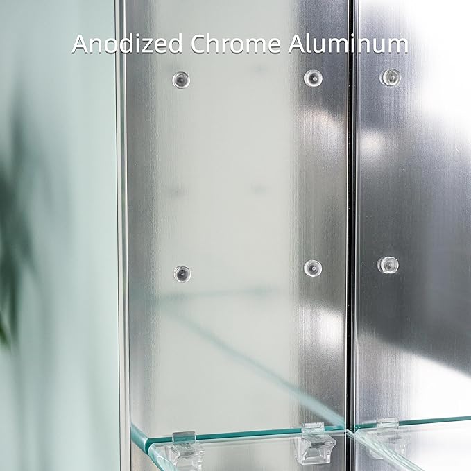 WELLFOR 40" x 30" Bathroom Medicine Cabinet, Anodized Chrome Aluminum Frame, Medicine Cabinet with Adjustable Glass Shelves, Bathroom Mirror Cabinet, Surface or Recessed Mount, Three Doors