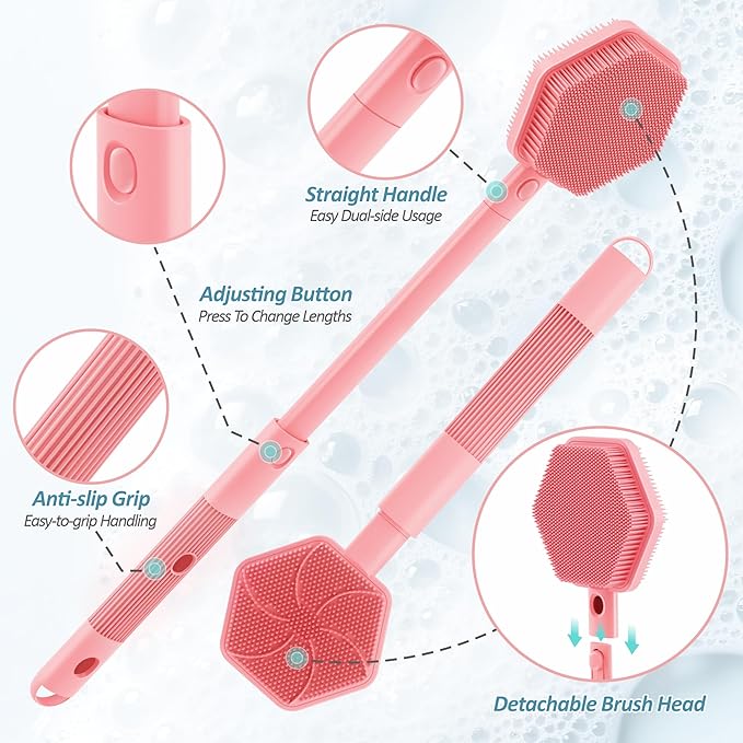 Silicone Back/Face Scrubber & Bath Glove Set 3PCS, Extendable Back Scrubber with Dual-Side Large Head, 360° Anti-Slip Bath Glove, Unique Side-Bristle Face Scrubber for All-Round Cleaning(Pink)